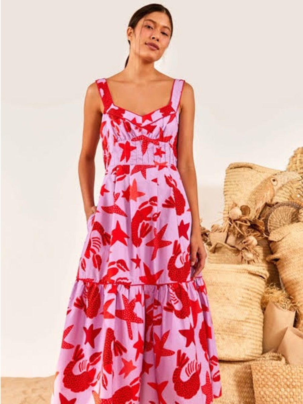 NWT XL Farm Rio Lobster Sky Sleeveless Pink & Red Printed Maxi Dress